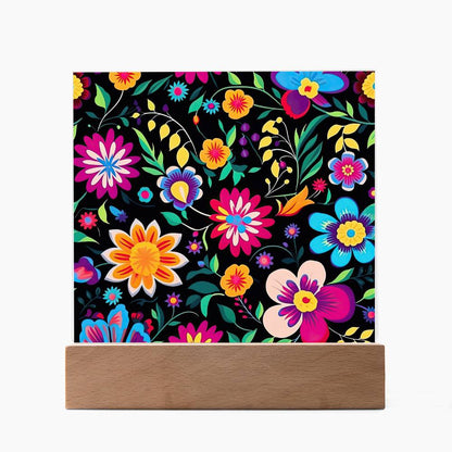 Mexican Floral Fiesta Pattern 034 - Square Acrylic Plaque With LED Base