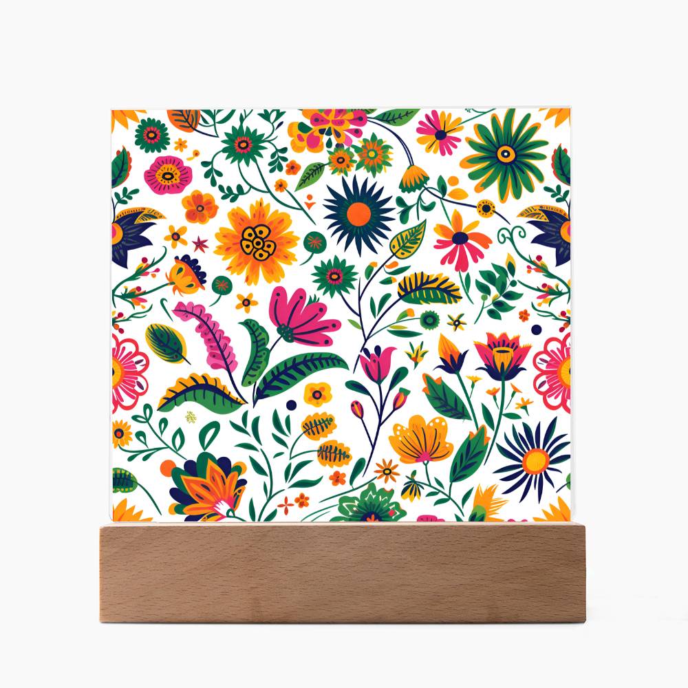 Mexican Floral Fiesta Pattern 015 - Square Acrylic Plaque With LED Base