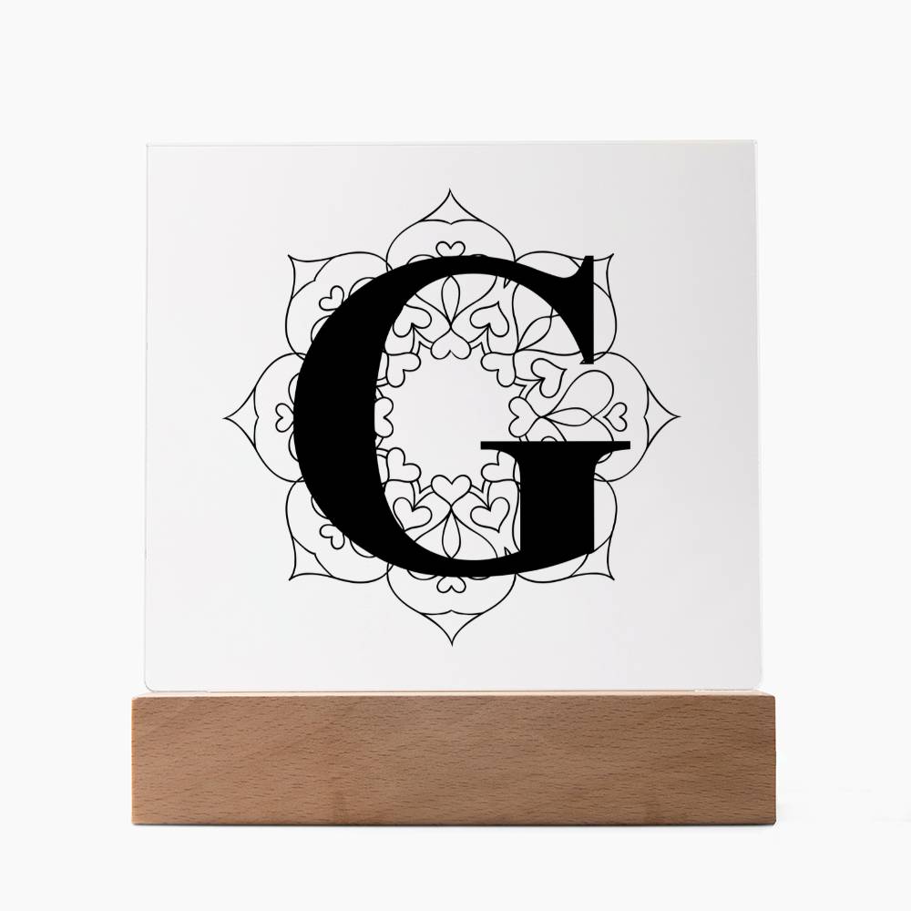 Magnolia Mandala Alphabet Letter G - Square Acrylic Plaque With LED Base
