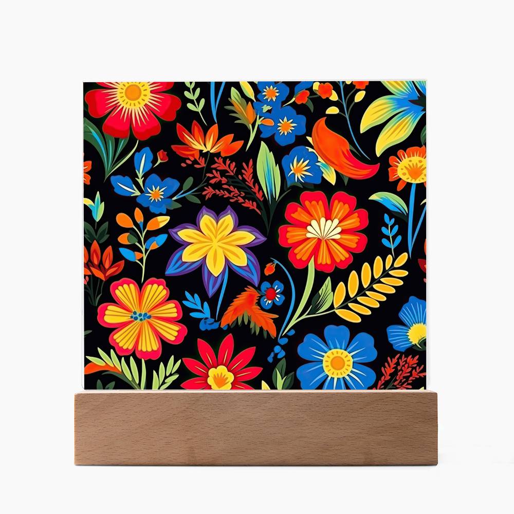 Mexican Floral Fiesta Pattern 035 - Square Acrylic Plaque With LED Base