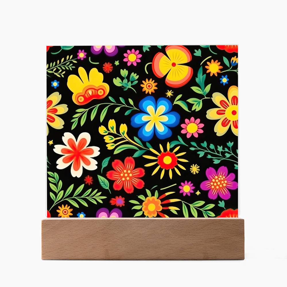 Mexican Floral Fiesta Pattern 032 - Square Acrylic Plaque With LED Base
