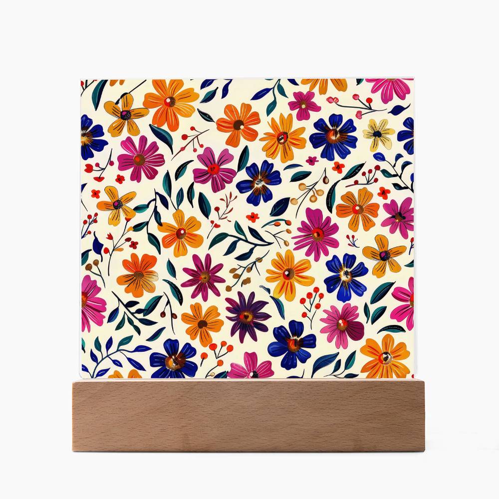 Mexican Floral Fiesta Pattern 008 - Square Acrylic Plaque With LED Base
