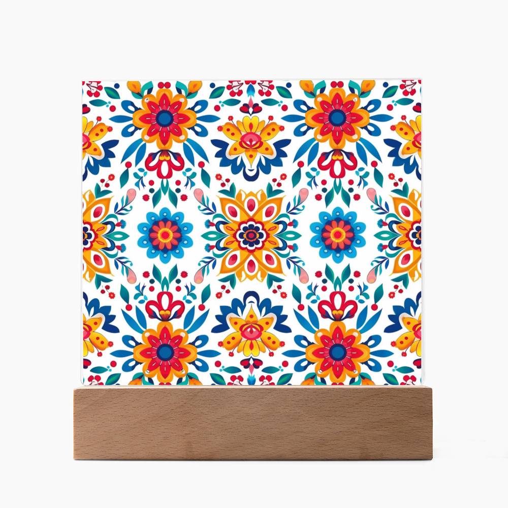 Mexican Floral Fiesta Pattern 070 - Square Acrylic Plaque With LED Base