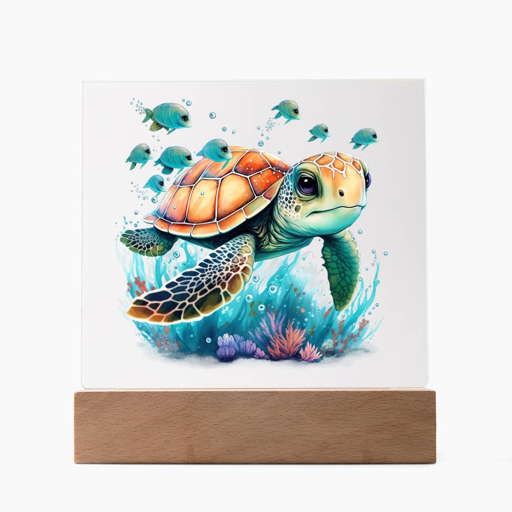 Cute Sea Turtle 001 - Square Acrylic Plaque With LED Base