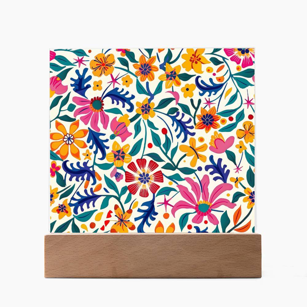 Mexican Floral Fiesta Pattern 003 - Square Acrylic Plaque With LED Base