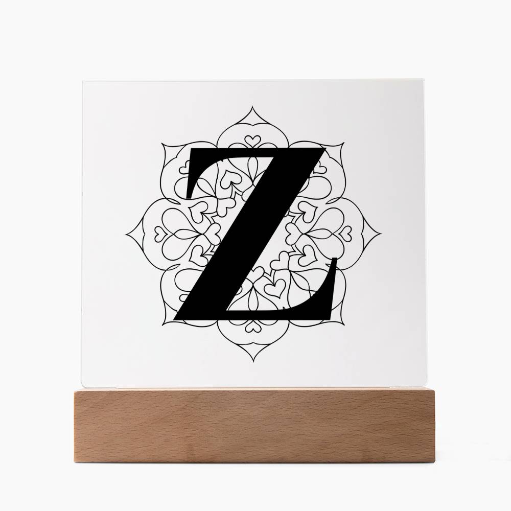 Magnolia Mandala Alphabet Letter Z - Square Acrylic Plaque With LED Base