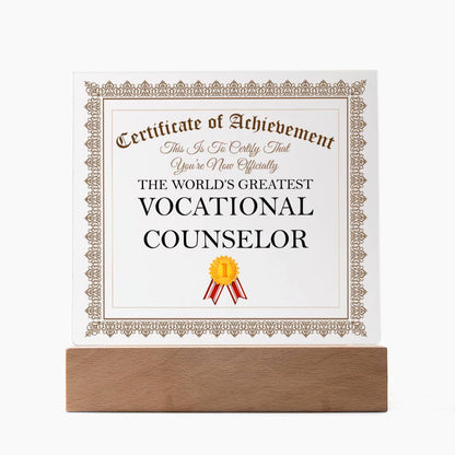 World's Greatest Vocational Counselor - Square Acrylic Plaque With LED Base