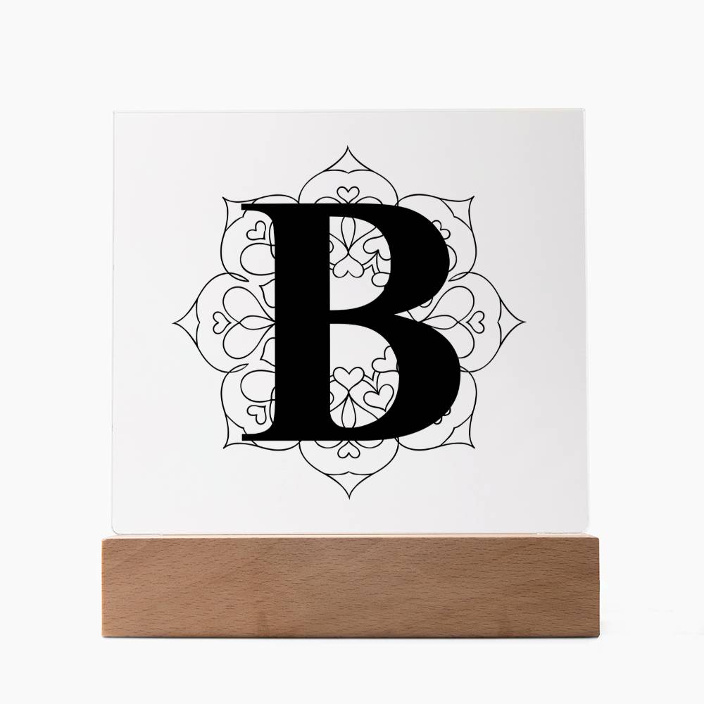 Magnolia Mandala Alphabet Letter B - Square Acrylic Plaque With LED Base