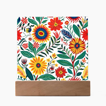 Mexican Floral Fiesta Pattern 023 - Square Acrylic Plaque With LED Base