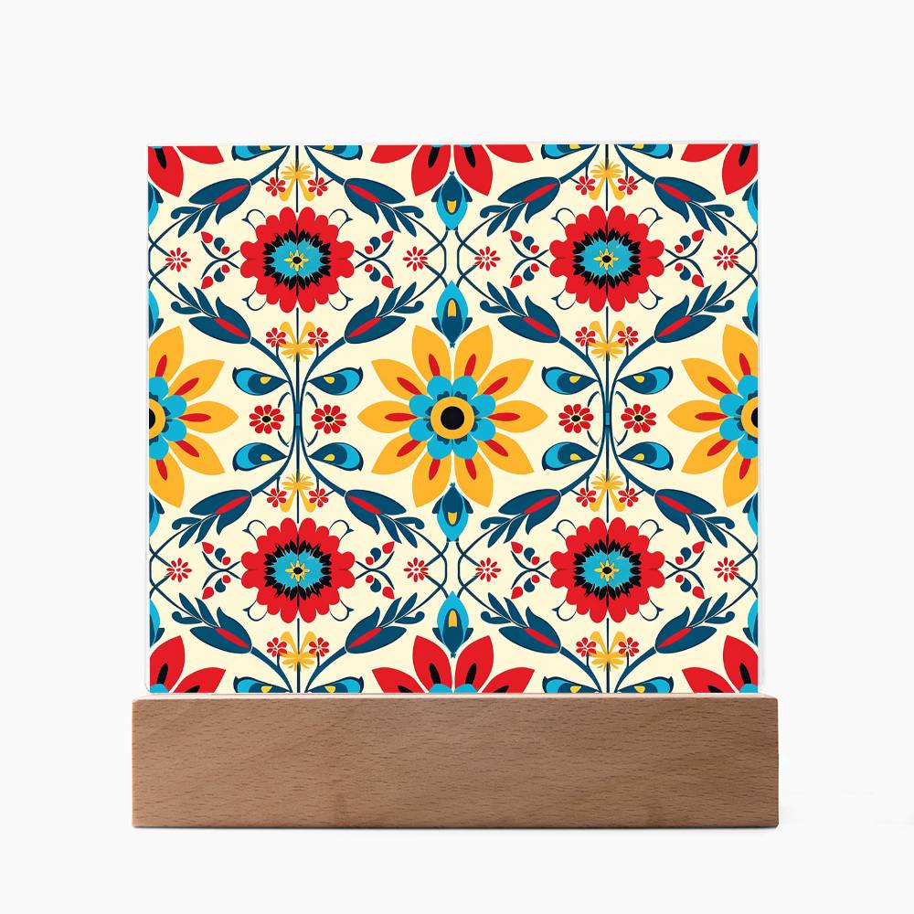 Mexican Floral Fiesta Pattern 041 - Square Acrylic Plaque With LED Base