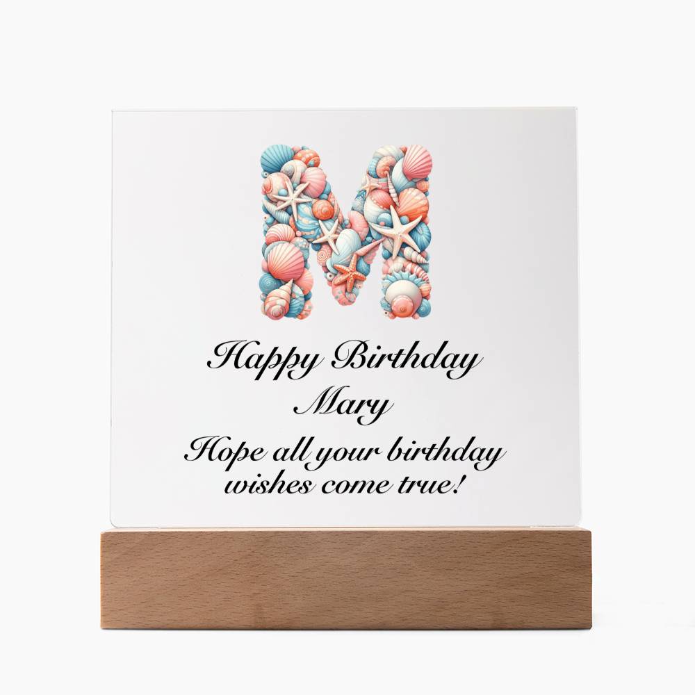 Happy Birthday Mary (Sea Life) - Square Acrylic Plaque With LED Base