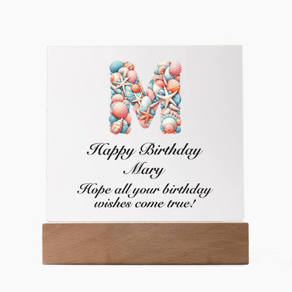 Happy Birthday Mary (Sea Life) - Square Acrylic Plaque With LED Base