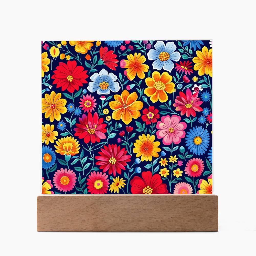 Mexican Floral Fiesta Pattern 048 - Square Acrylic Plaque With LED Base