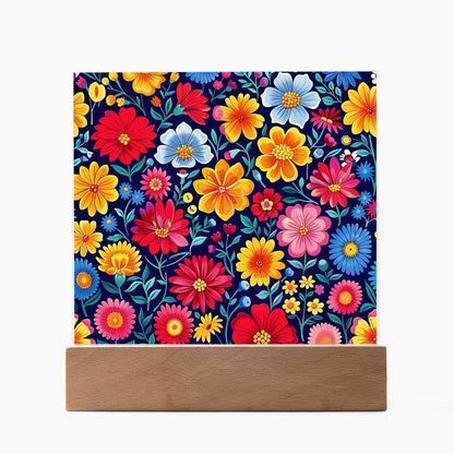 Mexican Floral Fiesta Pattern 048 - Square Acrylic Plaque With LED Base