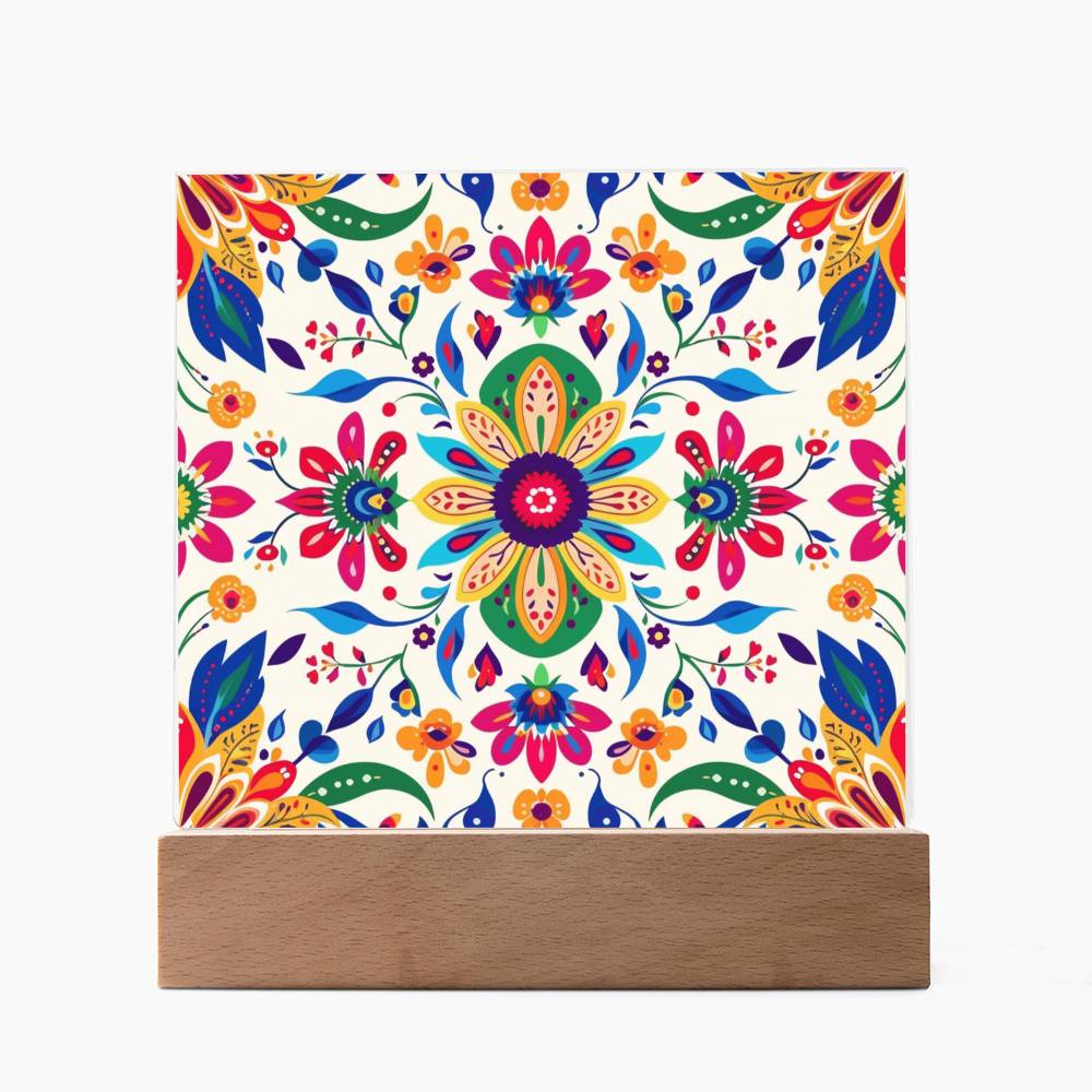 Mexican Floral Fiesta Pattern 069 - Square Acrylic Plaque With LED Base