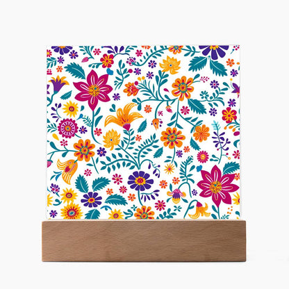 Mexican Floral Fiesta Pattern 013 - Square Acrylic Plaque With LED Base
