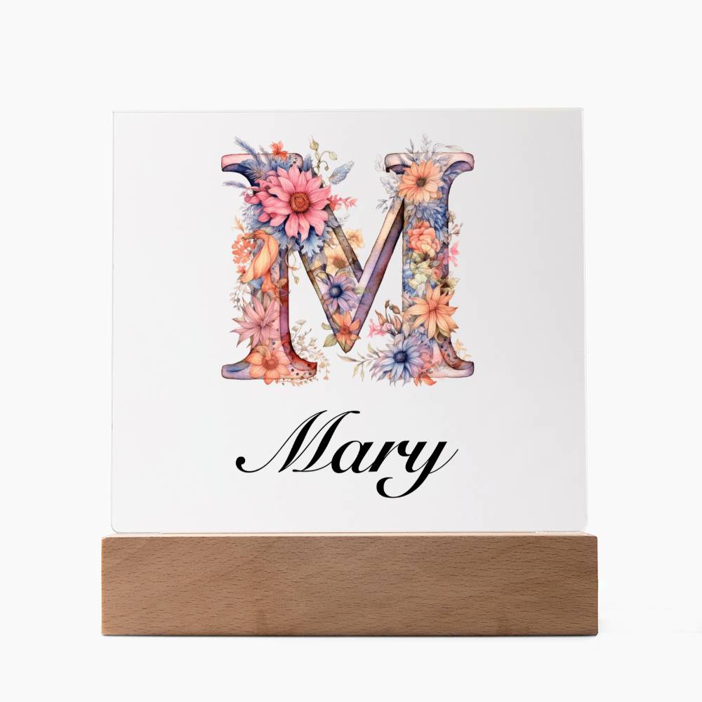 Mary (Blooming Flowers) - Square Acrylic Plaque With LED Base