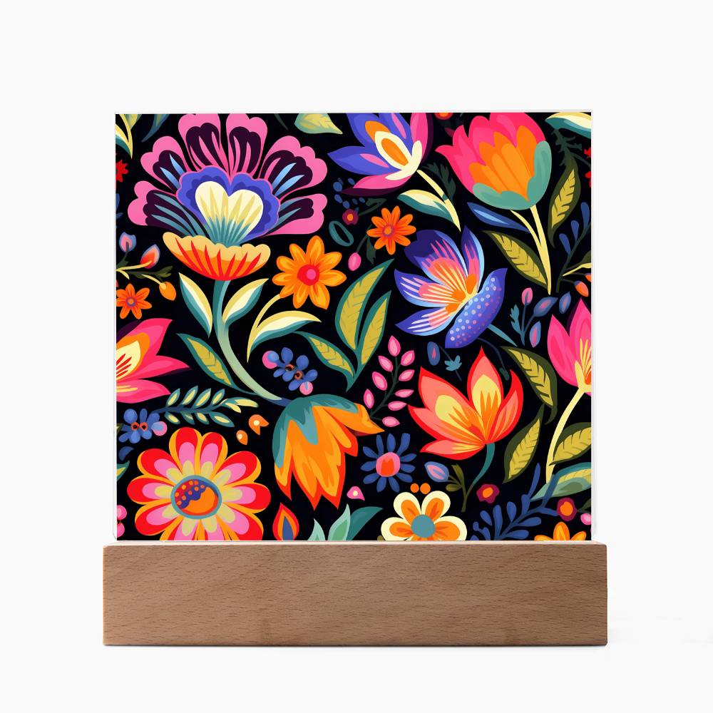 Mexican Floral Fiesta Pattern 052 - Square Acrylic Plaque With LED Base