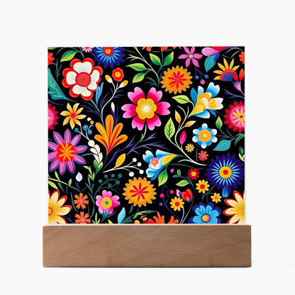 Mexican Floral Fiesta Pattern 028 - Square Acrylic Plaque With LED Base