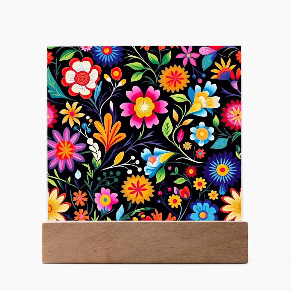 Mexican Floral Fiesta Pattern 028 - Square Acrylic Plaque With LED Base