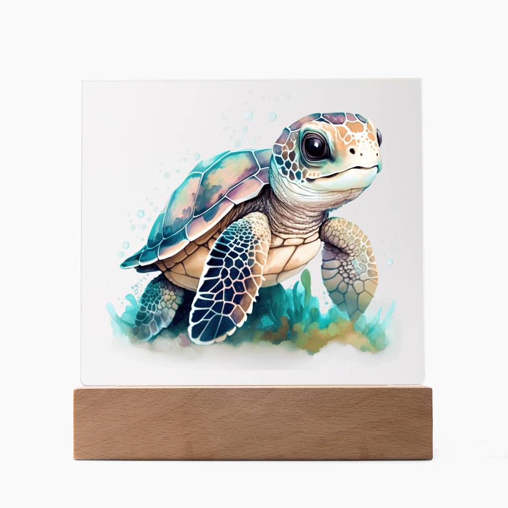 Cute Sea Turtle 014 - Square Acrylic Plaque With LED Base