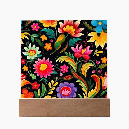 Mexican Floral Fiesta Pattern 033 - Square Acrylic Plaque With LED Base