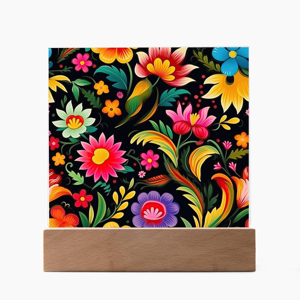 Mexican Floral Fiesta Pattern 033 - Square Acrylic Plaque With LED Base