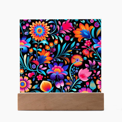 Mexican Floral Fiesta Pattern 057 - Square Acrylic Plaque With LED Base