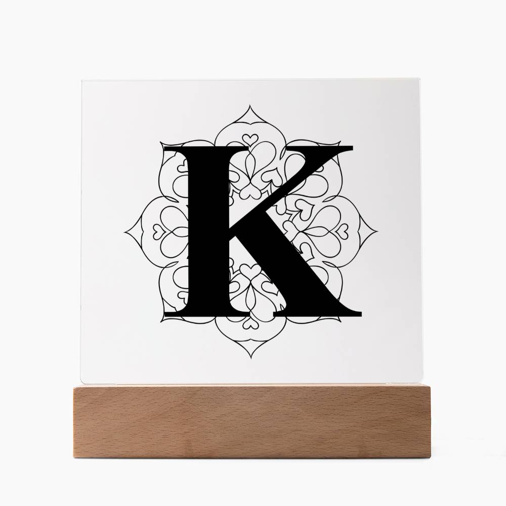 Magnolia Mandala Alphabet Letter K - Square Acrylic Plaque With LED Base