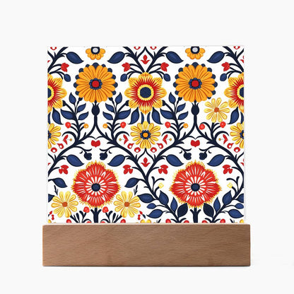 Mexican Floral Fiesta Pattern 043 - Square Acrylic Plaque With LED Base