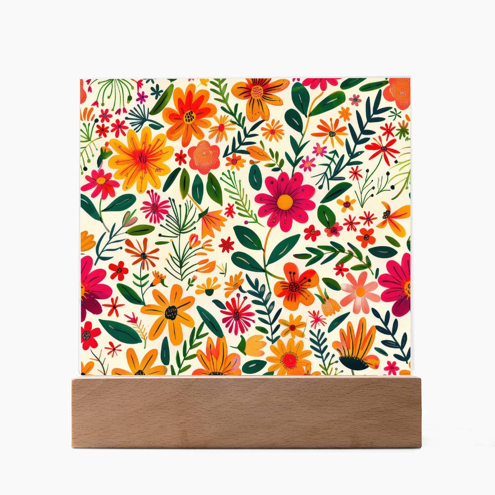 Mexican Floral Fiesta Pattern 004 - Square Acrylic Plaque With LED Base
