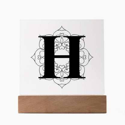 Magnolia Mandala Alphabet Letter H - Square Acrylic Plaque With LED Base