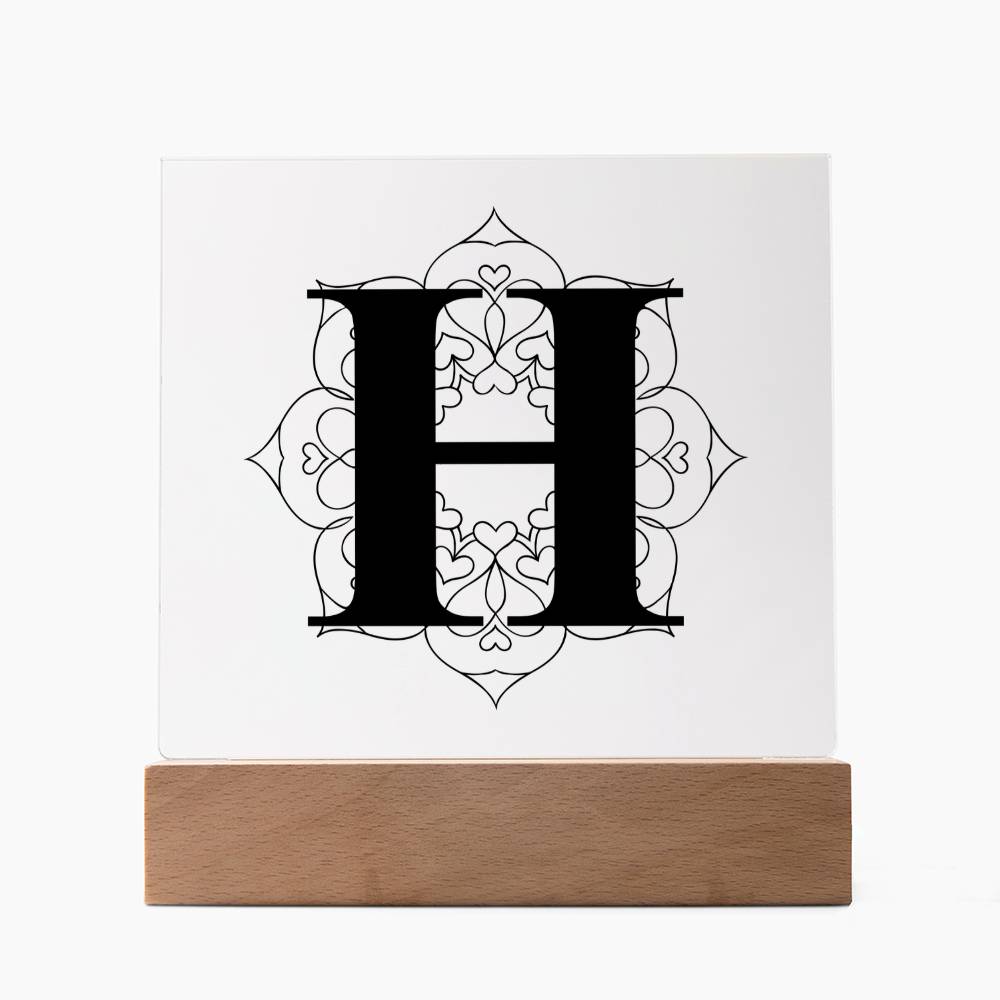 Magnolia Mandala Alphabet Letter H - Square Acrylic Plaque With LED Base