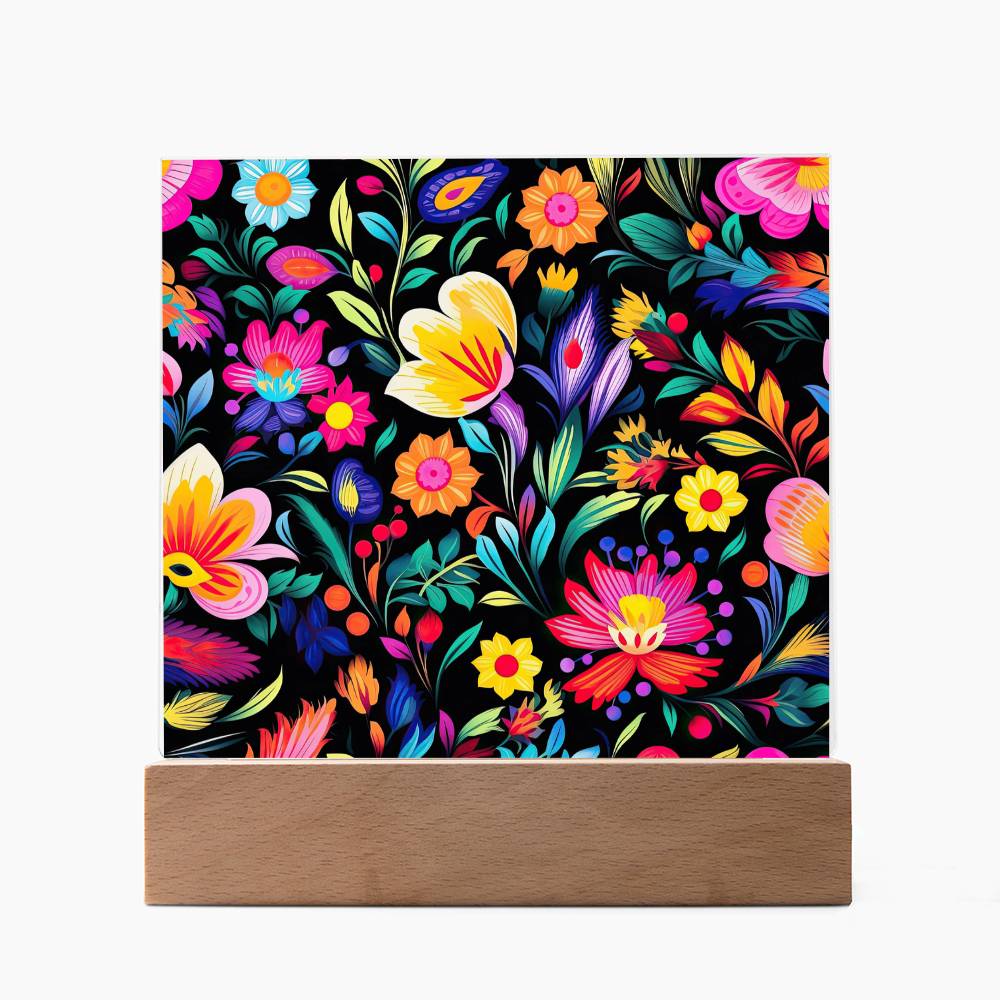 Mexican Floral Fiesta Pattern 031 - Square Acrylic Plaque With LED Base