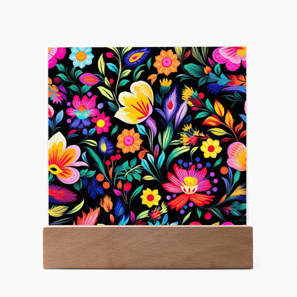 Mexican Floral Fiesta Pattern 031 - Square Acrylic Plaque With LED Base