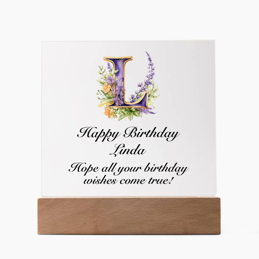 Happy Birthday Linda (Lavender Flowers) - Square Acrylic Plaque With LED Base