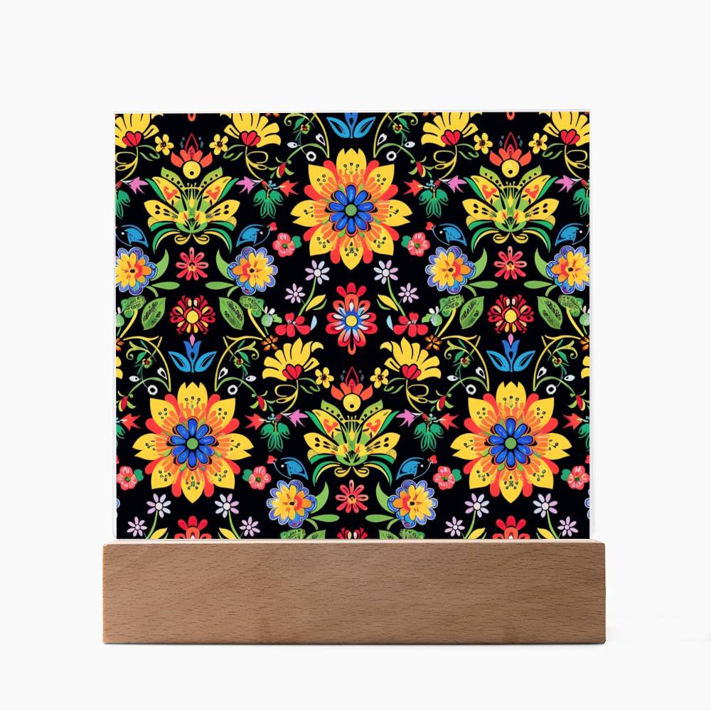 Mexican Floral Fiesta Pattern 066 - Square Acrylic Plaque With LED Base