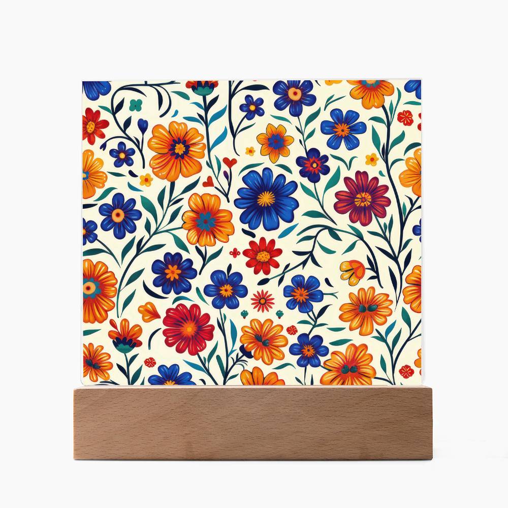 Mexican Floral Fiesta Pattern 001 - Square Acrylic Plaque With LED Base