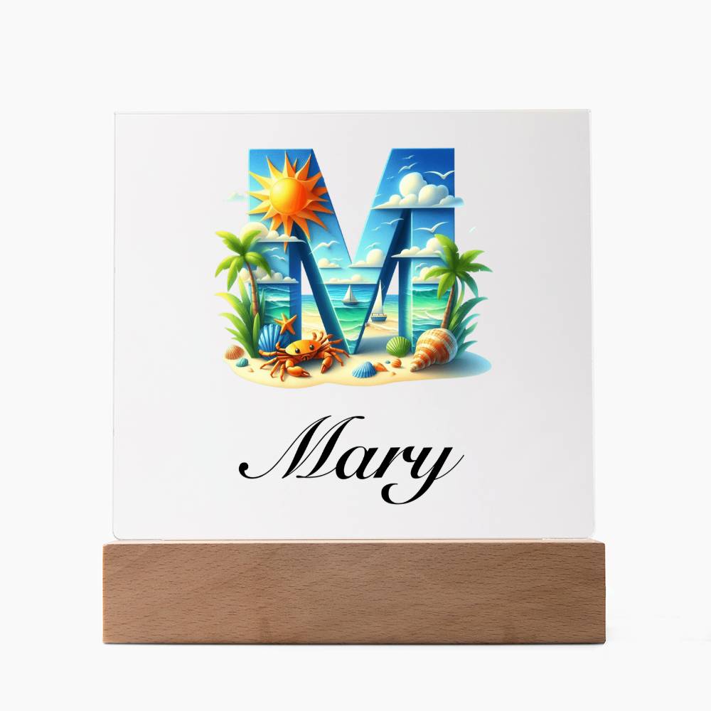 Mary (Summer Beach) - Square Acrylic Plaque With LED Base
