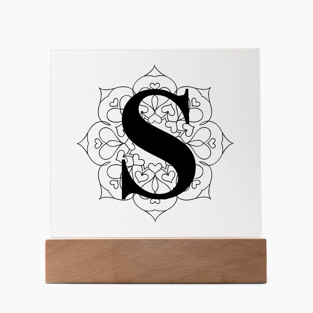 Magnolia Mandala Alphabet Letter S - Square Acrylic Plaque With LED Base
