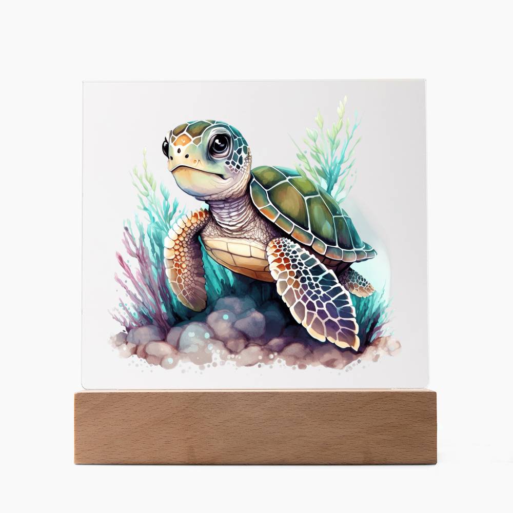 Cute Sea Turtle 015 - Square Acrylic Plaque With LED Base