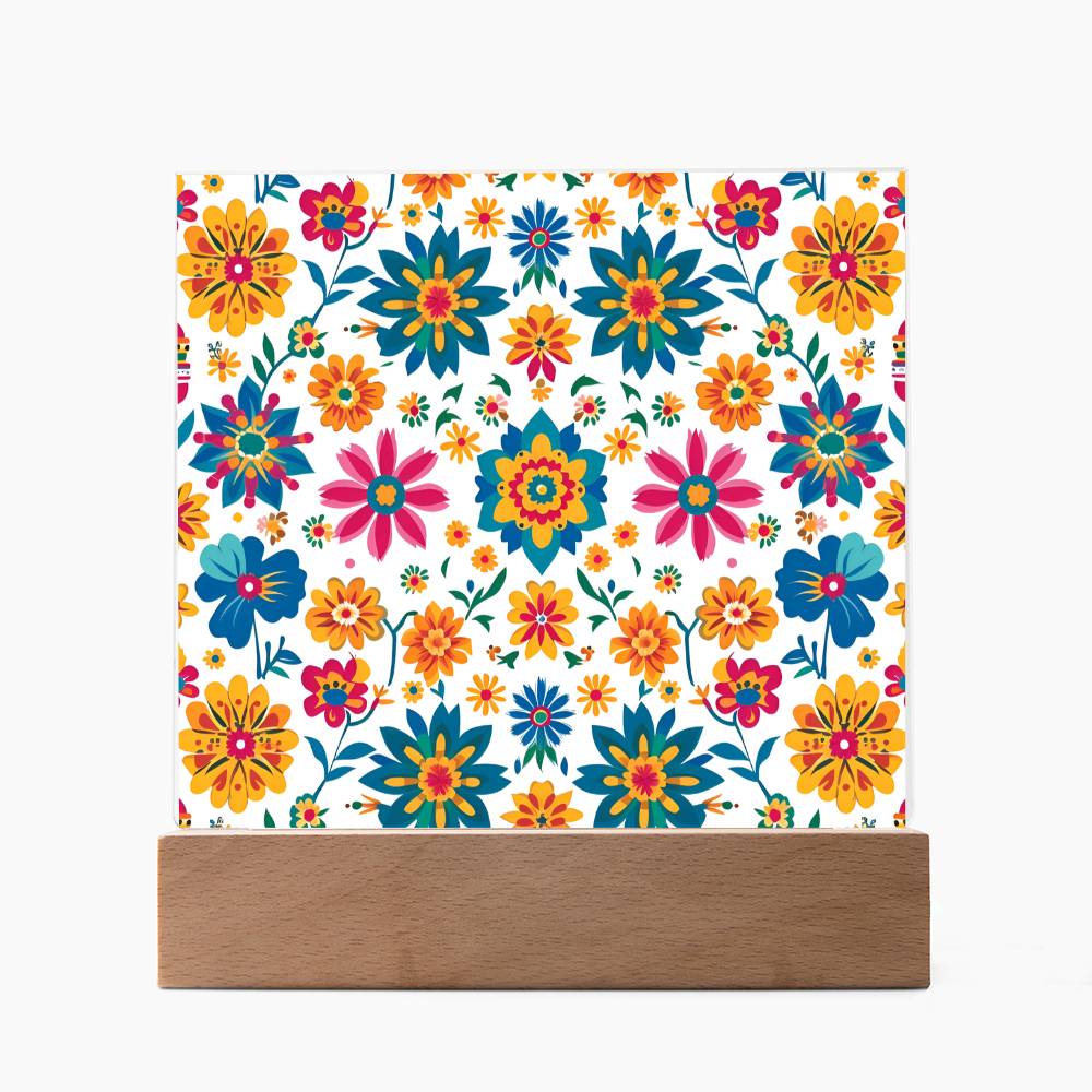 Mexican Floral Fiesta Pattern 025 - Square Acrylic Plaque With LED Base