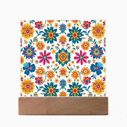 Mexican Floral Fiesta Pattern 025 - Square Acrylic Plaque With LED Base