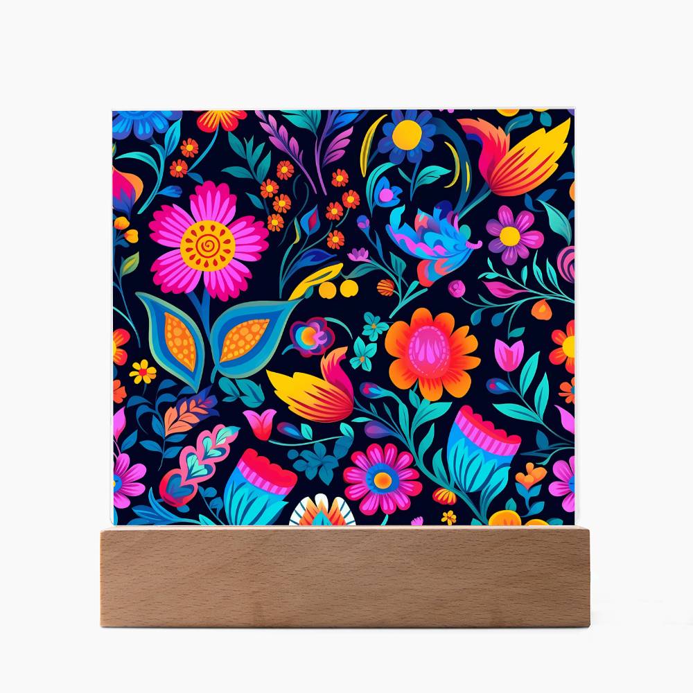 Mexican Floral Fiesta Pattern 049 - Square Acrylic Plaque With LED Base