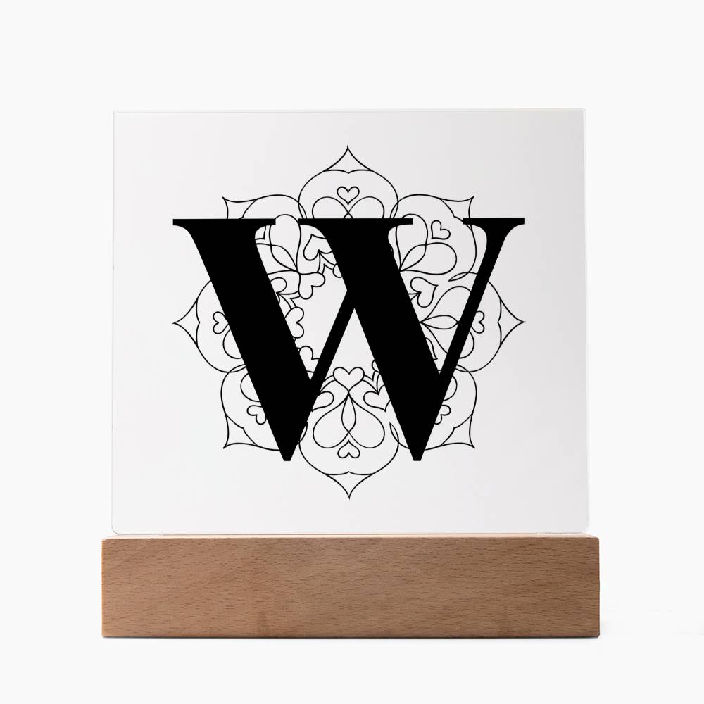 Magnolia Mandala Alphabet Letter W - Square Acrylic Plaque With LED Base