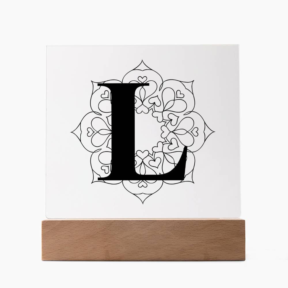 Magnolia Mandala Alphabet Letter L - Square Acrylic Plaque With LED Base