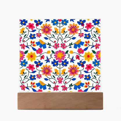 Mexican Floral Fiesta Pattern 020 - Square Acrylic Plaque With LED Base