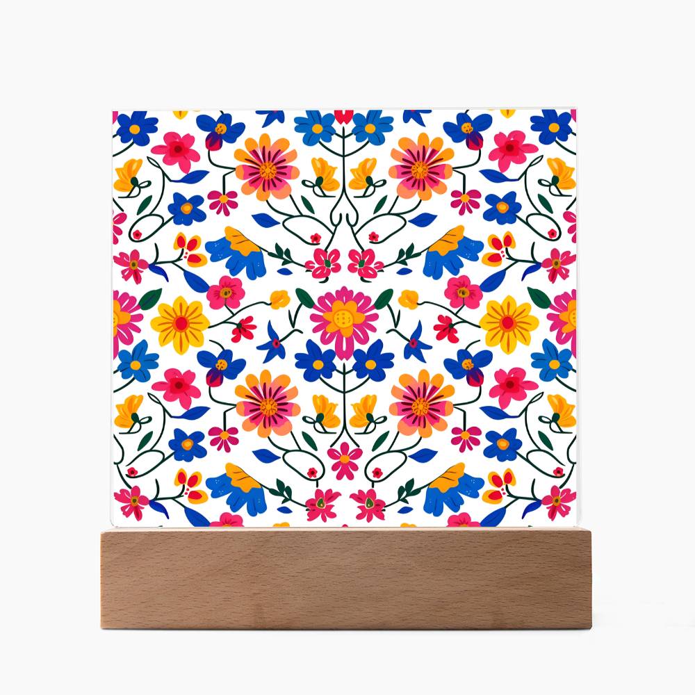 Mexican Floral Fiesta Pattern 020 - Square Acrylic Plaque With LED Base