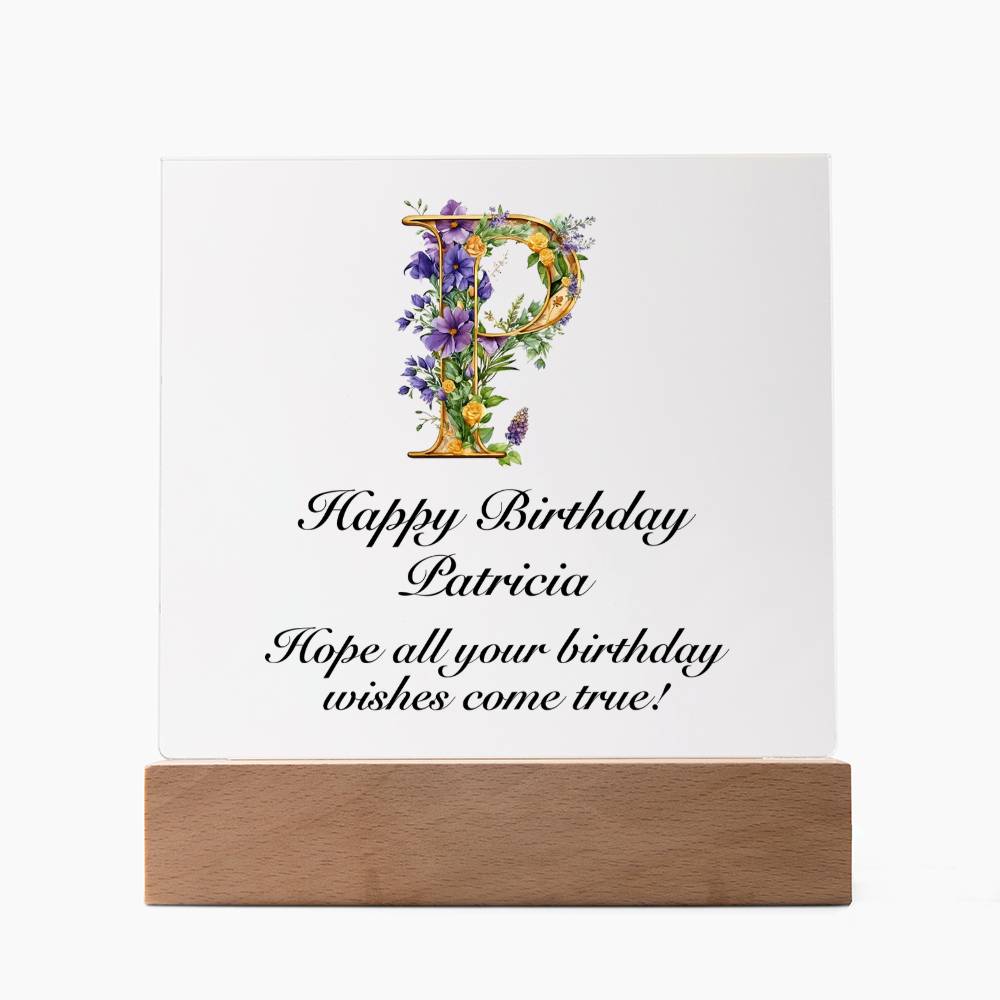 Happy Birthday Patricia (Lavender Flowers) - Square Acrylic Plaque With LED Base