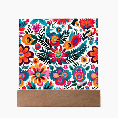 Mexican Floral Fiesta Pattern 051 - Square Acrylic Plaque With LED Base